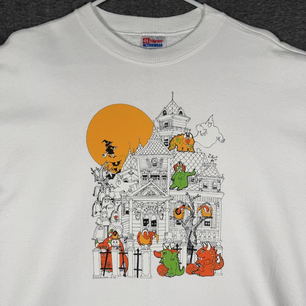 Vintage Halloween Sweatshirt XXL White Haunted House Monsters Hanes Crewneck